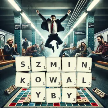 Kreatywna ilustracja do gry w Scrabble ze słowem SZMINKOWALYBY ułożonym z płytek na planszy.