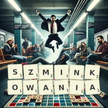 Kreatywna ilustracja do gry w Scrabble ze słowem SZMINKOWANIA ułożonym z płytek na planszy.