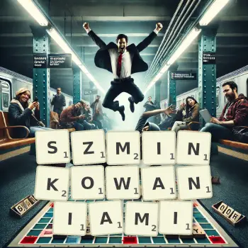 Kreatywna ilustracja do gry w Scrabble ze słowem SZMINKOWANIAMI ułożonym z płytek na planszy.