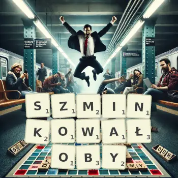 Kreatywna ilustracja do gry w Scrabble ze słowem SZMINKOWAŁOBY ułożonym z płytek na planszy.