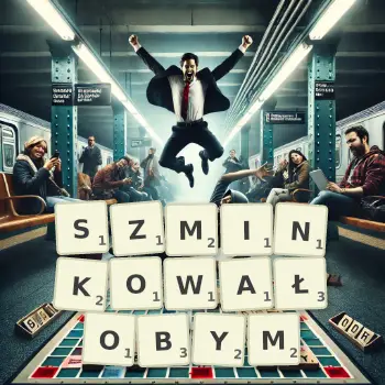 Kreatywna ilustracja do gry w Scrabble ze słowem SZMINKOWAŁOBYM ułożonym z płytek na planszy.