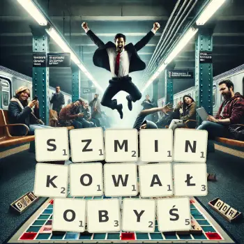 Kreatywna ilustracja do gry w Scrabble ze słowem SZMINKOWAŁOBYŚ ułożonym z płytek na planszy.