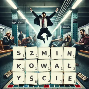Kreatywna ilustracja do gry w Scrabble ze słowem SZMINKOWAŁYŚCIE ułożonym z płytek na planszy.