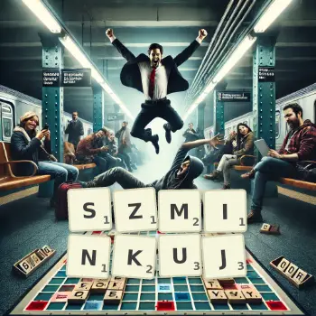 Kreatywna ilustracja do gry w Scrabble ze słowem SZMINKUJ ułożonym z płytek na planszy.