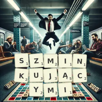 Kreatywna ilustracja do gry w Scrabble ze słowem SZMINKUJĄCYMI ułożonym z płytek na planszy.