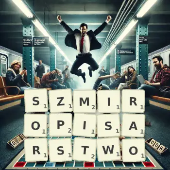 Kreatywna ilustracja do gry w Scrabble ze słowem SZMIROPISARSTWO ułożonym z płytek na planszy.
