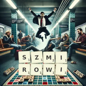 Kreatywna ilustracja do gry w Scrabble ze słowem SZMIROWI ułożonym z płytek na planszy.