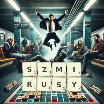 Kreatywna ilustracja do gry w Scrabble ze słowem SZMIRUSY ułożonym z płytek na planszy.