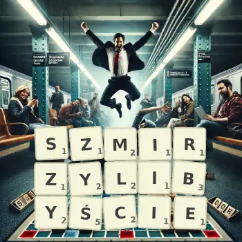 Kreatywna ilustracja do gry w Scrabble ze słowem SZMIRZYLIBYŚCIE ułożonym z płytek na planszy.