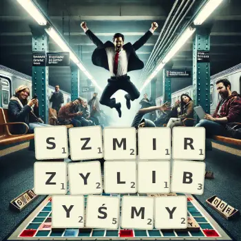 Kreatywna ilustracja do gry w Scrabble ze słowem SZMIRZYLIBYŚMY ułożonym z płytek na planszy.
