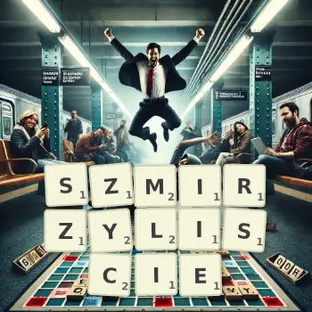 Kreatywna ilustracja do gry w Scrabble ze słowem SZMIRZYLISCIE ułożonym z płytek na planszy.