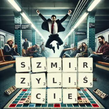Kreatywna ilustracja do gry w Scrabble ze słowem SZMIRZYLIŚCIE ułożonym z płytek na planszy.