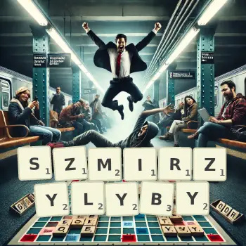 Kreatywna ilustracja do gry w Scrabble ze słowem SZMIRZYLYBY ułożonym z płytek na planszy.