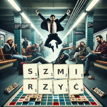 Kreatywna ilustracja do gry w Scrabble ze słowem SZMIRZYĆ ułożonym z płytek na planszy.
