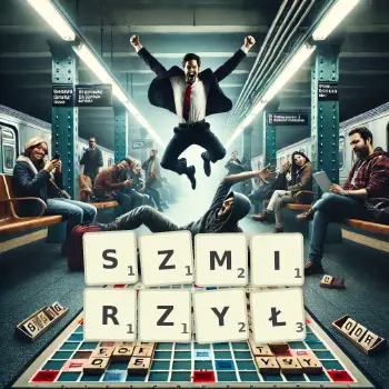 Kreatywna ilustracja do gry w Scrabble ze słowem SZMIRZYŁ ułożonym z płytek na planszy.