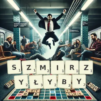 Kreatywna ilustracja do gry w Scrabble ze słowem SZMIRZYŁYBY ułożonym z płytek na planszy.