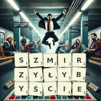 Kreatywna ilustracja do gry w Scrabble ze słowem SZMIRZYŁYBYŚCIE ułożonym z płytek na planszy.