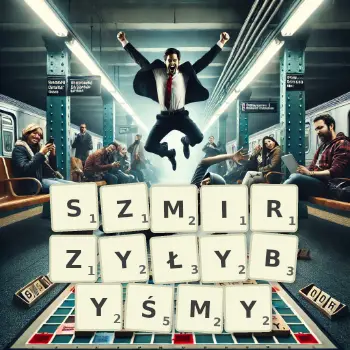 Kreatywna ilustracja do gry w Scrabble ze słowem SZMIRZYŁYBYŚMY ułożonym z płytek na planszy.