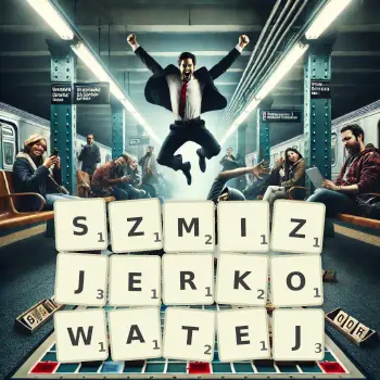 Kreatywna ilustracja do gry w Scrabble ze słowem SZMIZJERKOWATEJ ułożonym z płytek na planszy.