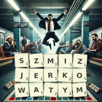 Kreatywna ilustracja do gry w Scrabble ze słowem SZMIZJERKOWATYM ułożonym z płytek na planszy.