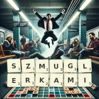 Kreatywna ilustracja do gry w Scrabble ze słowem SZMUGLERKAMI ułożonym z płytek na planszy.