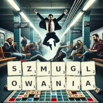 Kreatywna ilustracja do gry w Scrabble ze słowem SZMUGLOWANIA ułożonym z płytek na planszy.