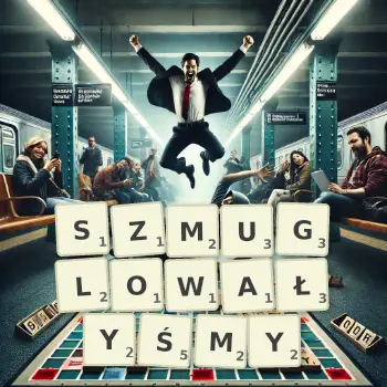 Kreatywna ilustracja do gry w Scrabble ze słowem SZMUGLOWAŁYŚMY ułożonym z płytek na planszy.