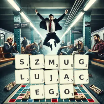 Kreatywna ilustracja do gry w Scrabble ze słowem SZMUGLUJĄCEGO ułożonym z płytek na planszy.