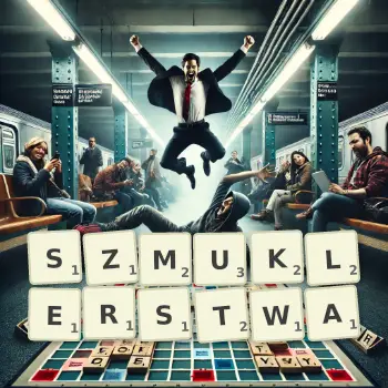Kreatywna ilustracja do gry w Scrabble ze słowem SZMUKLERSTWA ułożonym z płytek na planszy.