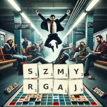 Kreatywna ilustracja do gry w Scrabble ze słowem SZMYRGAJ ułożonym z płytek na planszy.