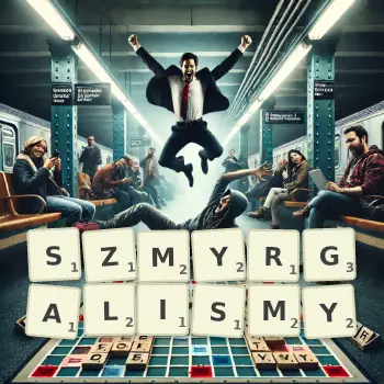 Kreatywna ilustracja do gry w Scrabble ze słowem SZMYRGALISMY ułożonym z płytek na planszy.