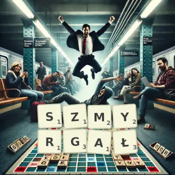 Kreatywna ilustracja do gry w Scrabble ze słowem SZMYRGAŁ ułożonym z płytek na planszy.