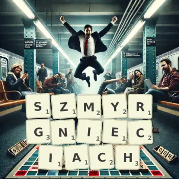 Kreatywna ilustracja do gry w Scrabble ze słowem SZMYRGNIECIACH ułożonym z płytek na planszy.