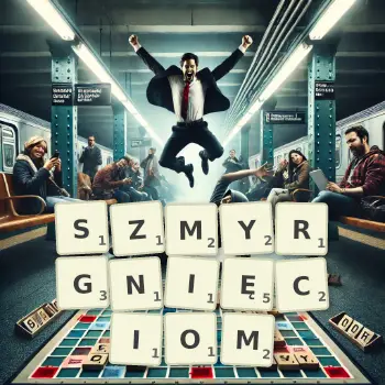 Kreatywna ilustracja do gry w Scrabble ze słowem SZMYRGNIĘCIOM ułożonym z płytek na planszy.
