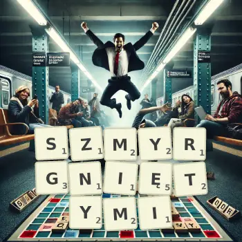 Kreatywna ilustracja do gry w Scrabble ze słowem SZMYRGNIĘTYMI ułożonym z płytek na planszy.