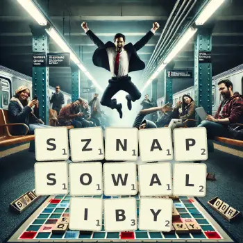 Kreatywna ilustracja do gry w Scrabble ze słowem SZNAPSOWALIBY ułożonym z płytek na planszy.