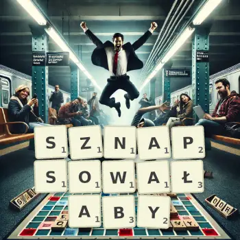 Kreatywna ilustracja do gry w Scrabble ze słowem SZNAPSOWAŁABY ułożonym z płytek na planszy.
