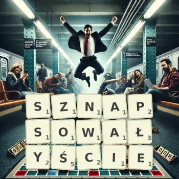 Kreatywna ilustracja do gry w Scrabble ze słowem SZNAPSOWAŁYŚCIE ułożonym z płytek na planszy.