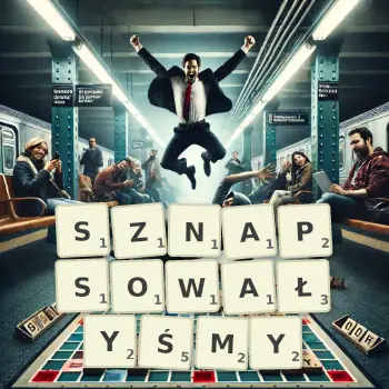 Kreatywna ilustracja do gry w Scrabble ze słowem SZNAPSOWAŁYŚMY ułożonym z płytek na planszy.