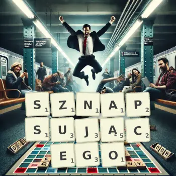 Kreatywna ilustracja do gry w Scrabble ze słowem SZNAPSUJĄCEGO ułożonym z płytek na planszy.