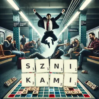 Kreatywna ilustracja do gry w Scrabble ze słowem SZNIKAMI ułożonym z płytek na planszy.