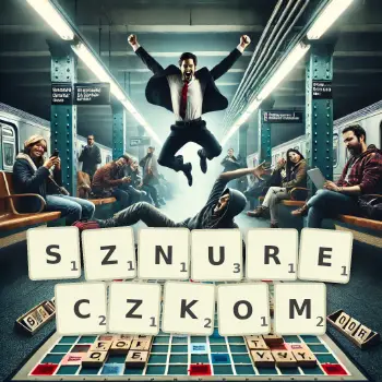 Kreatywna ilustracja do gry w Scrabble ze słowem SZNURECZKOM ułożonym z płytek na planszy.