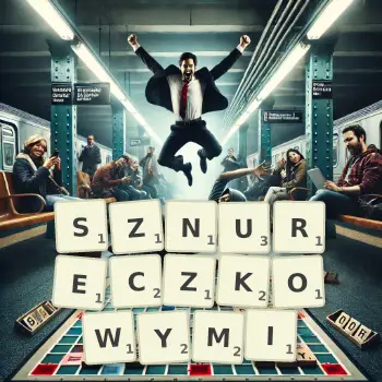 Kreatywna ilustracja do gry w Scrabble ze słowem SZNURECZKOWYMI ułożonym z płytek na planszy.