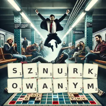 Kreatywna ilustracja do gry w Scrabble ze słowem SZNURKOWANYM ułożonym z płytek na planszy.