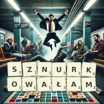 Kreatywna ilustracja do gry w Scrabble ze słowem SZNURKOWAŁAM ułożonym z płytek na planszy.