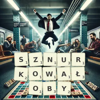 Kreatywna ilustracja do gry w Scrabble ze słowem SZNURKOWAŁOBY ułożonym z płytek na planszy.