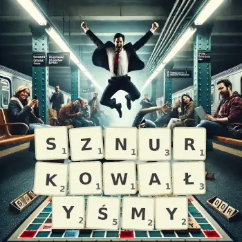 Kreatywna ilustracja do gry w Scrabble ze słowem SZNURKOWAŁYŚMY ułożonym z płytek na planszy.