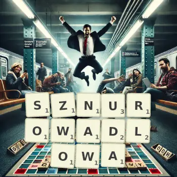 Kreatywna ilustracja do gry w Scrabble ze słowem SZNUROWADLOWA ułożonym z płytek na planszy.