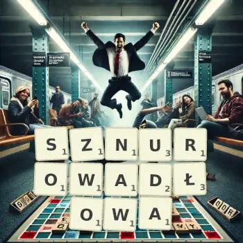 Kreatywna ilustracja do gry w Scrabble ze słowem SZNUROWADŁOWA ułożonym z płytek na planszy.