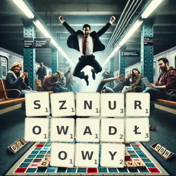 Kreatywna ilustracja do gry w Scrabble ze słowem SZNUROWADŁOWY ułożonym z płytek na planszy.